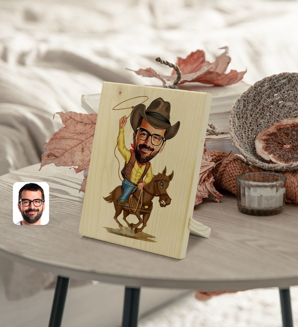 Kişiye Özel Erkek Kovboy Karikatürlü Dekoratif Ahşap Çerçeve Model 2