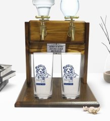 Kişiye Özel Renkli Baskılı Aslan Sütü Tasarımlı İkili Rakı Bardağı ve Çift Musluklu Doğal Ahşap Rakı Standı-1