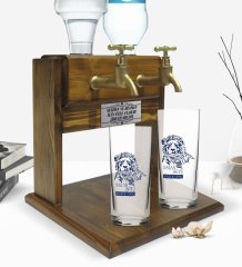 Kişiye Özel Renkli Baskılı Aslan Sütü Tasarımlı İkili Rakı Bardağı ve Çift Musluklu Doğal Ahşap Rakı Standı-1