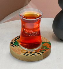 Kişiye Özel Modern Art Tasarımlı Doğal Ahşap Tabaklı Heybeli Çay Bardağı Model 1