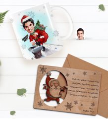 Kişiye Özel Happy New Year Kupa Bardak ve Retro Ahşap Yılbaşı Tebrik Kartı Hediye Seti-11C