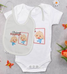 BK Kids Babamın Kopyasıyım Tasarımlı Bebek Body Zıbın ve Mama Önlüğü Hediye Seti - Model 1