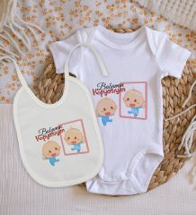 BK Kids Babamın Kopyasıyım Tasarımlı Bebek Body Zıbın ve Mama Önlüğü Hediye Seti - Model 1