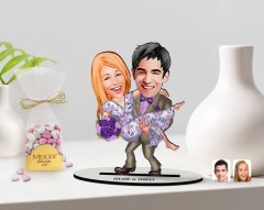 Kişiye Özel Sevgililer Karikatürlü 3D Ahşap Biblo ve Çikolatalı Kalp Bonbon Draje Hediye Seti-56