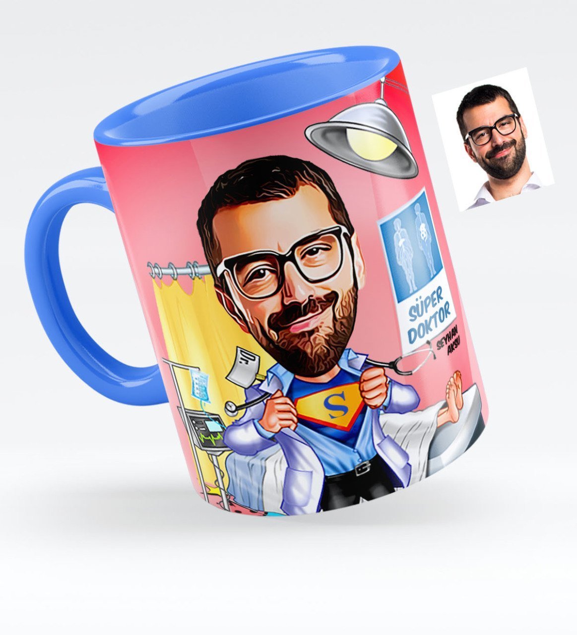Kişiye Özel Bay Doktor Karikatürlü Mavi Kupa Bardak - 2