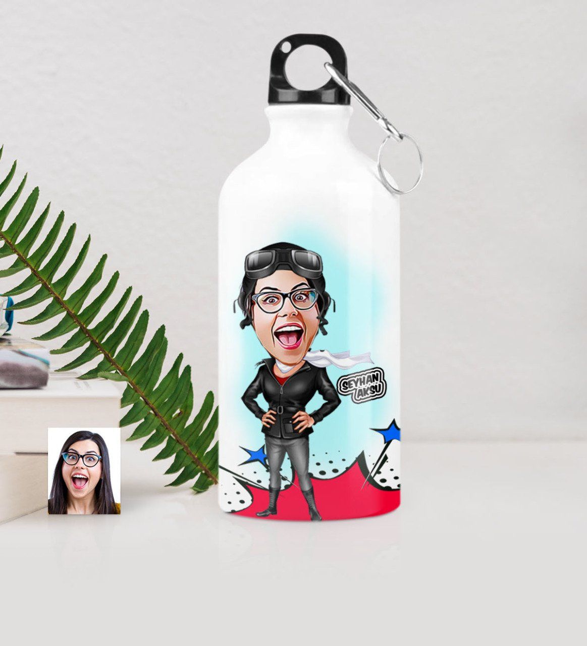 Kişiye Özel Bayan Pilot Karikatürlü Metal Suluk (500 ml.)