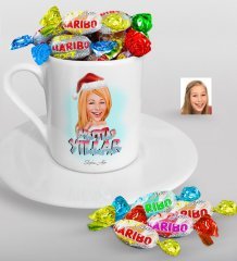 Kişiye Özel Kadın Yeni Yıl Karikatürlü Türk Kahvesi Fincanı ve Haribo Şeker Hediye Seti-3