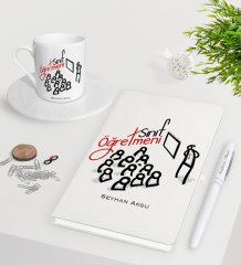 Kişiye Özel Sınıf Öğretmeni Beyaz Defter Kalem Türk Kahvesi Fincanı Seti-2