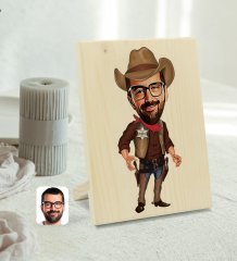 Kişiye Özel Erkek Kovboy Karikatürlü Dekoratif Ahşap Çerçeve Model 1