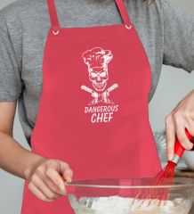 BK Gift Profesyonel Dangerous Chef Tasarımlı Kırmızı Mutfak Önlüğü, Aşçı Önlüğü, Şef Önlüğü, Ev Hediyesi, Arkadaşa Hediye-1