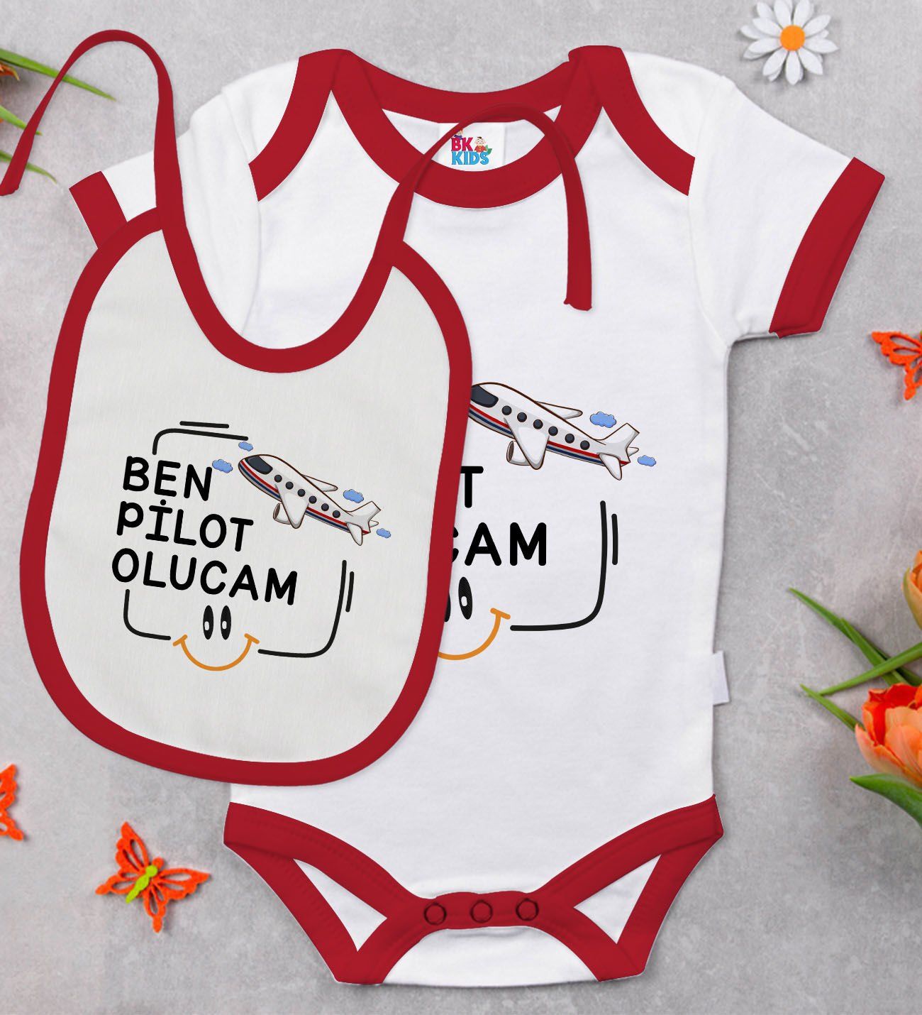 BK Kids Pilot Olucam Tasarımlı Kırmızı Bebek Body Zıbın ve Mama Önlüğü Hediye Seti-1