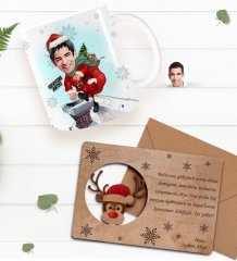 Kişiye Özel Happy New Year Kupa Bardak ve Retro Ahşap Yılbaşı Tebrik Kartı Hediye Seti-11B