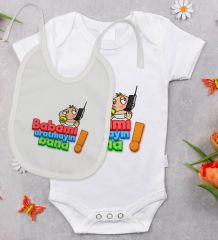 BK Kids Babamı Aratmayın Bana Tasarımlı Bebek Body Zıbın ve Mama Önlüğü Hediye Seti - Model 1