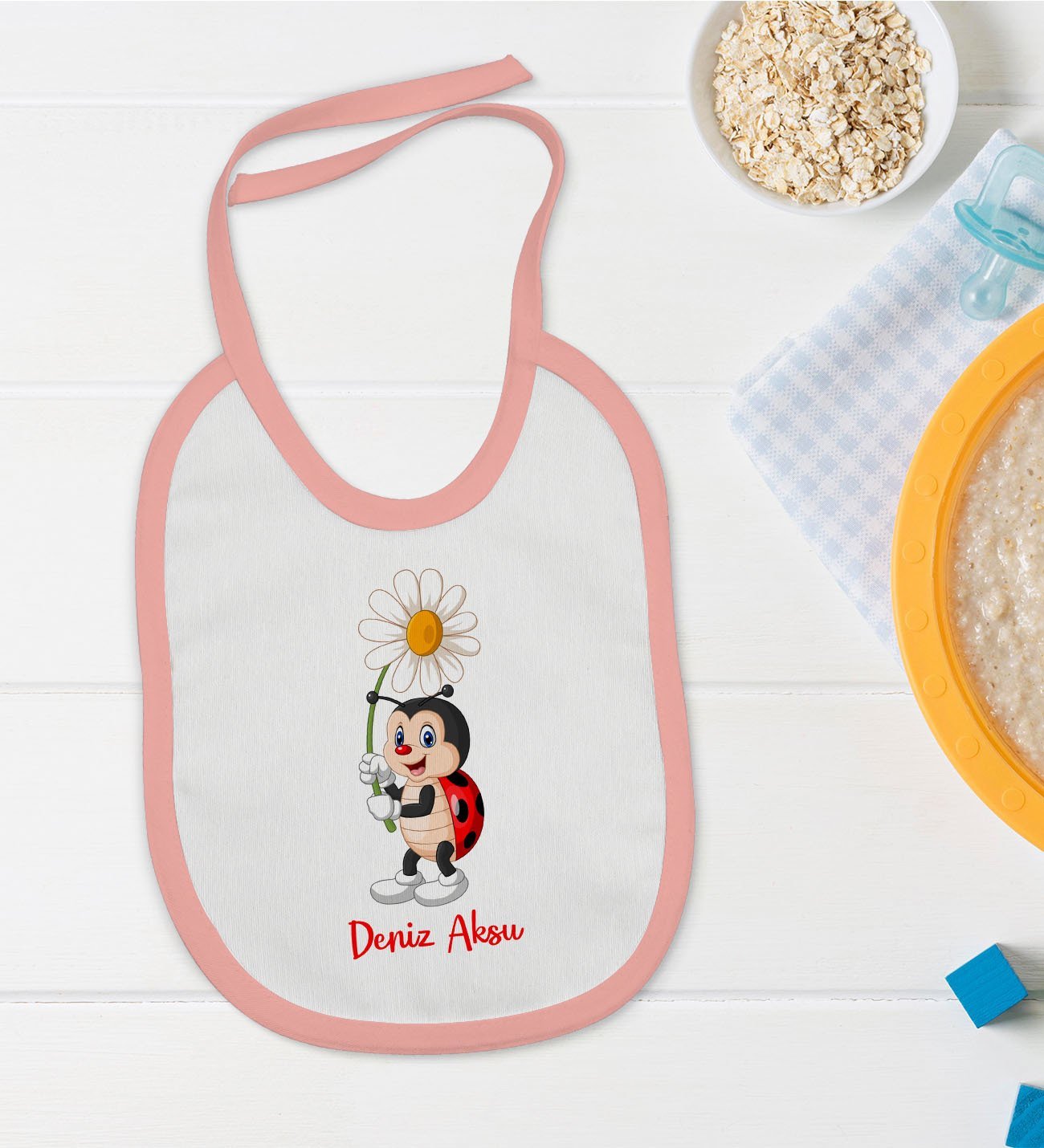 BK Kids Kişiye Özel Pembe Bebek Mama Önlüğü - Model 178