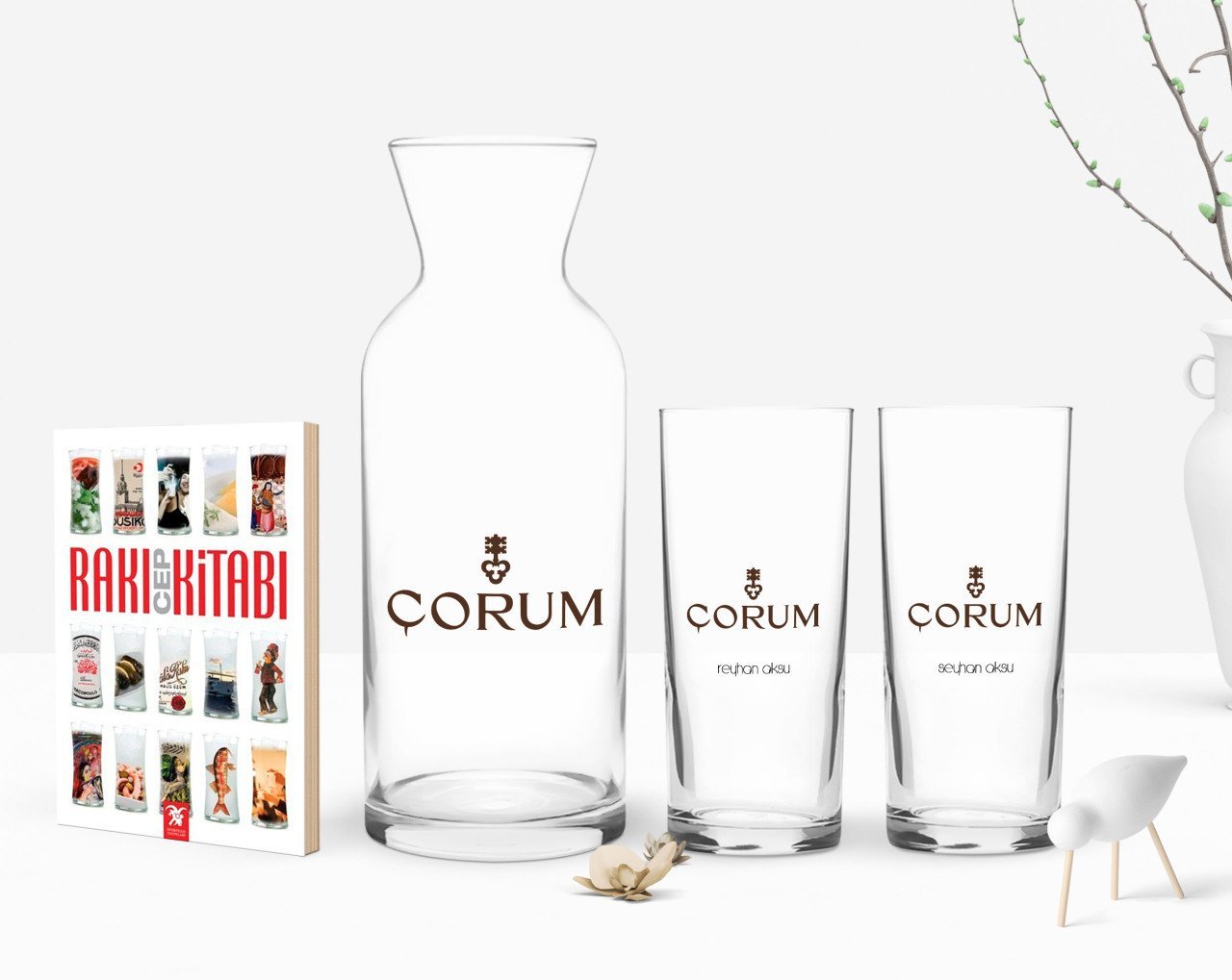 Kişiye Özel Renkli Baskılı Çorum Tasarımlı Turistik İkili Rakı Bardağı Karaf ve Cep Kitabı Hediye Seti-1