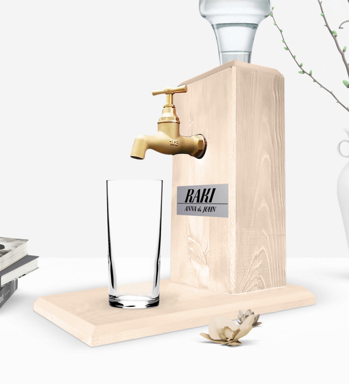 Custom Wooden Natural Rakı Stand with Tap - Wood