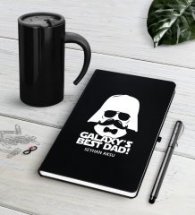 Kişiye Özel Galaksinin En İyi Babası Siyah Defter Kalem Termos Mug Seti