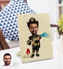 Kişiye Özel Erkek İtfaiyeci Karikatürlü Dekoratif Ahşap Çerçeve Model 1