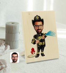 Kişiye Özel Erkek İtfaiyeci Karikatürlü Dekoratif Ahşap Çerçeve Model 1