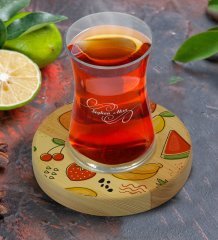 Kişiye Özel Meyveler Tasarımlı Doğal Ahşap Tabaklı Heybeli Çay Bardağı Model 2