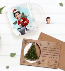 Kişiye Özel Happy New Year Kupa Bardak ve Retro Ahşap Yılbaşı Tebrik Kartı Hediye Seti-11A