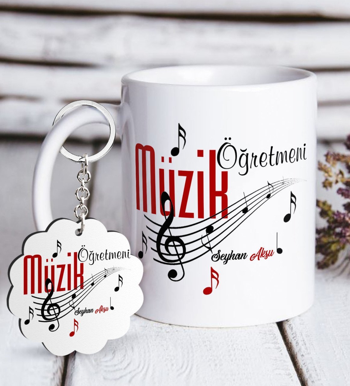 Kişiye Özel Müzik Öğretmeni Beyaz Kupa ve Anahtarlık Hediye Seti-1