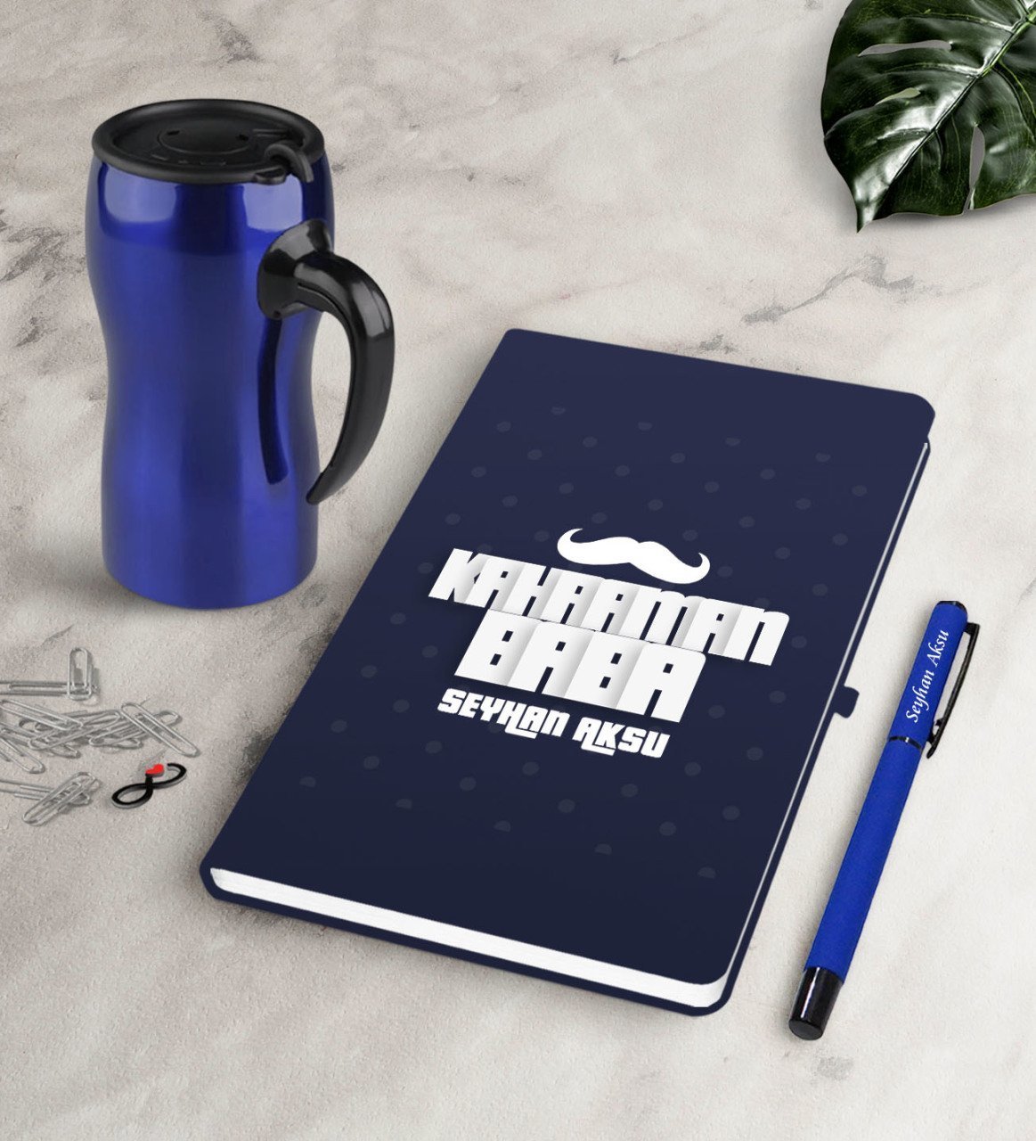 Kişiye Özel Kahraman Baba Lacivert Defter Kalem Termos Mug Seti
