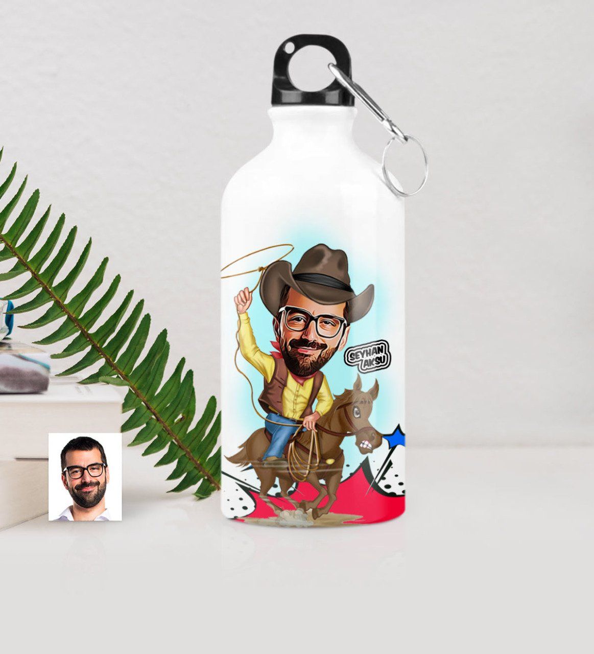 Kişiye Özel Kovboy Karikatürlü Metal Suluk (500 ml.)