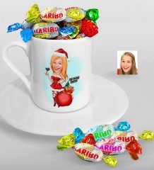 Kişiye Özel Kadın Yeni Yıl Karikatürlü Türk Kahvesi Fincanı ve Haribo Şeker Hediye Seti-1