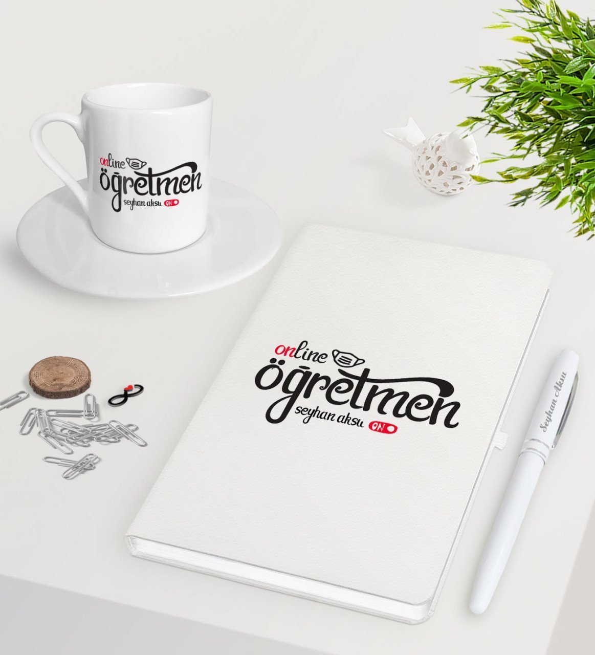 Kişiye Özel Online Öğretmen Beyaz Defter Kalem Türk Kahvesi Fincanı Seti-1