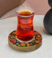 Kişiye Özel Meyveler Tasarımlı Doğal Ahşap Tabaklı Heybeli Çay Bardağı Model 1