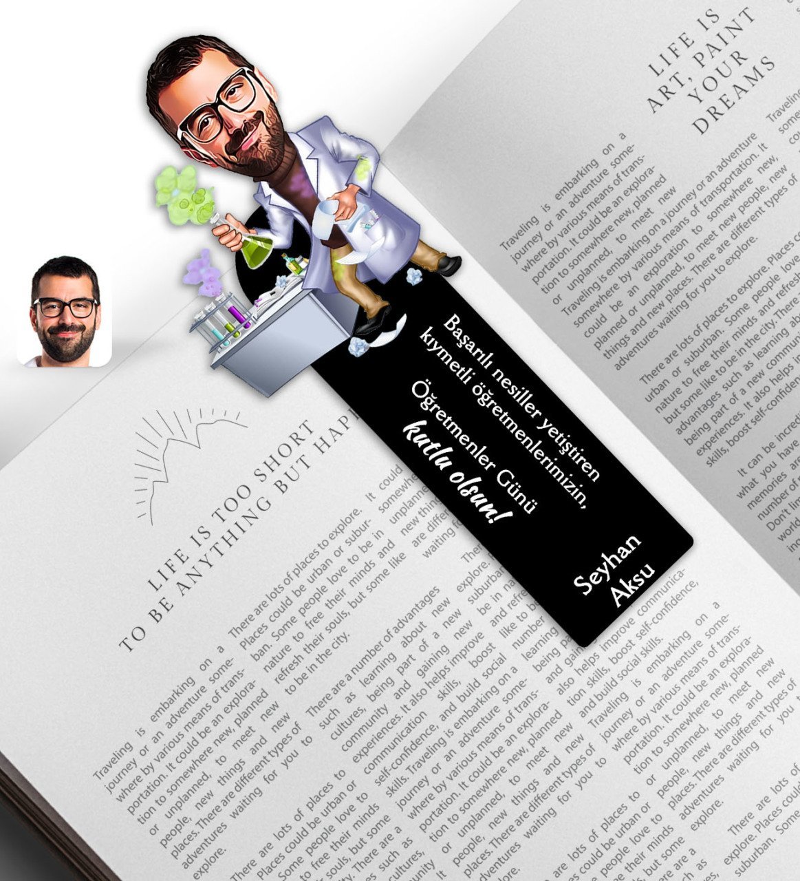 Kişiye Özel Erkek Kimya Öğretmeni Karikatürlü Ahşap Kitap Ayracı-2
