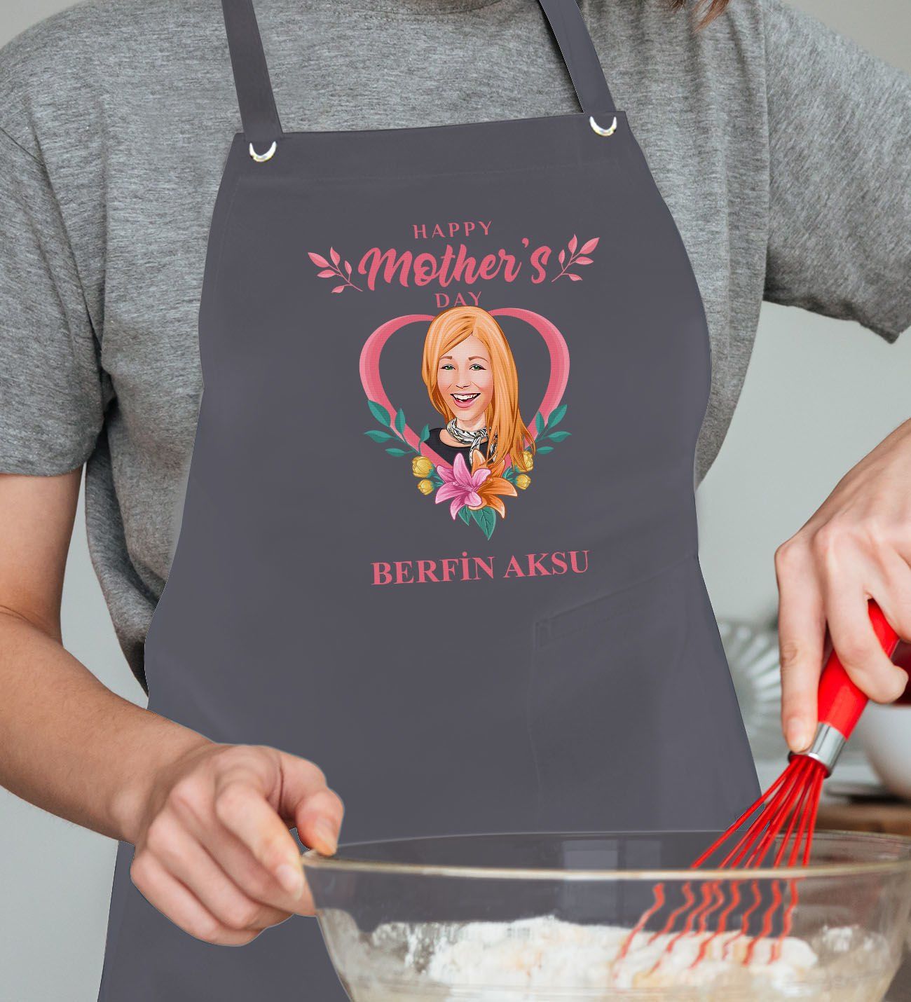 BK Gift Kişiye Özel Anneler Günü Karikatürlü Profesyonel Antrasit Mutfak Önlüğü, Aşçı Önlüğü, Şef Önlüğü, Arkadaşa Hediye-15