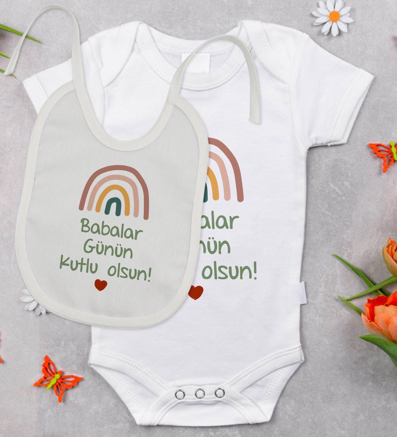 BK Kids Babalar Günü Tasarımlı Bebek Body Zıbın ve Mama Önlüğü Hediye Seti - Model 2