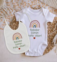 BK Kids Babalar Günü Tasarımlı Bebek Body Zıbın ve Mama Önlüğü Hediye Seti - Model 2