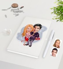 Kişiye Özel Sevgililer Karikatürlü Beyaz Defter Kalem Seti-2