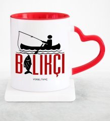 Kişiye Özel Mesleki Balıkçı Kırmızı Kalpli Kupa Bardak