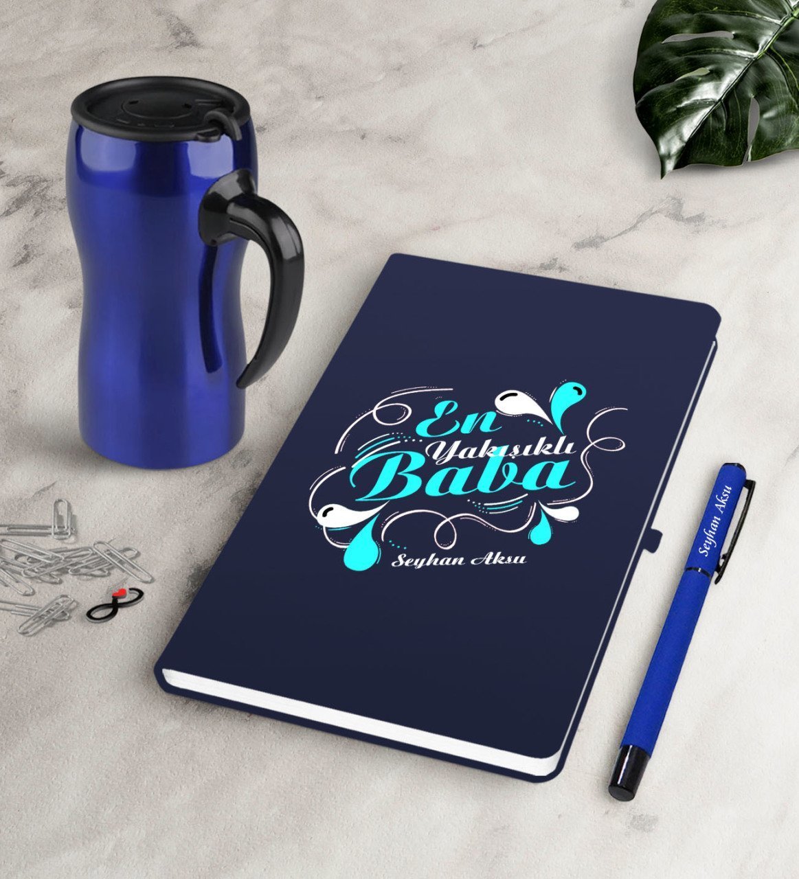Kişiye Özel En Yakışıklı Baba Lacivert Defter Kalem Termos Mug Seti