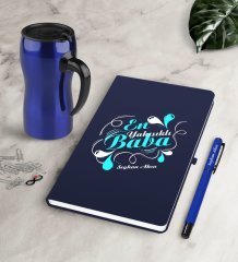 Kişiye Özel En Yakışıklı Baba Lacivert Defter Kalem Termos Mug Seti