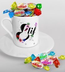 Kişiye Özel Harf Türk Kahvesi Fincanı ve Haribo Şeker Hediye Seti-3