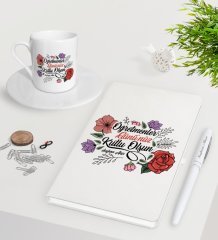 Kişiye Özel Öğretmenler Gününüz Kutlu Olsun Beyaz Defter Kalem Türk Kahvesi Fincanı Seti-5