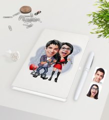 Kişiye Özel Sevgililer Karikatürlü Beyaz Defter Kalem Seti-1