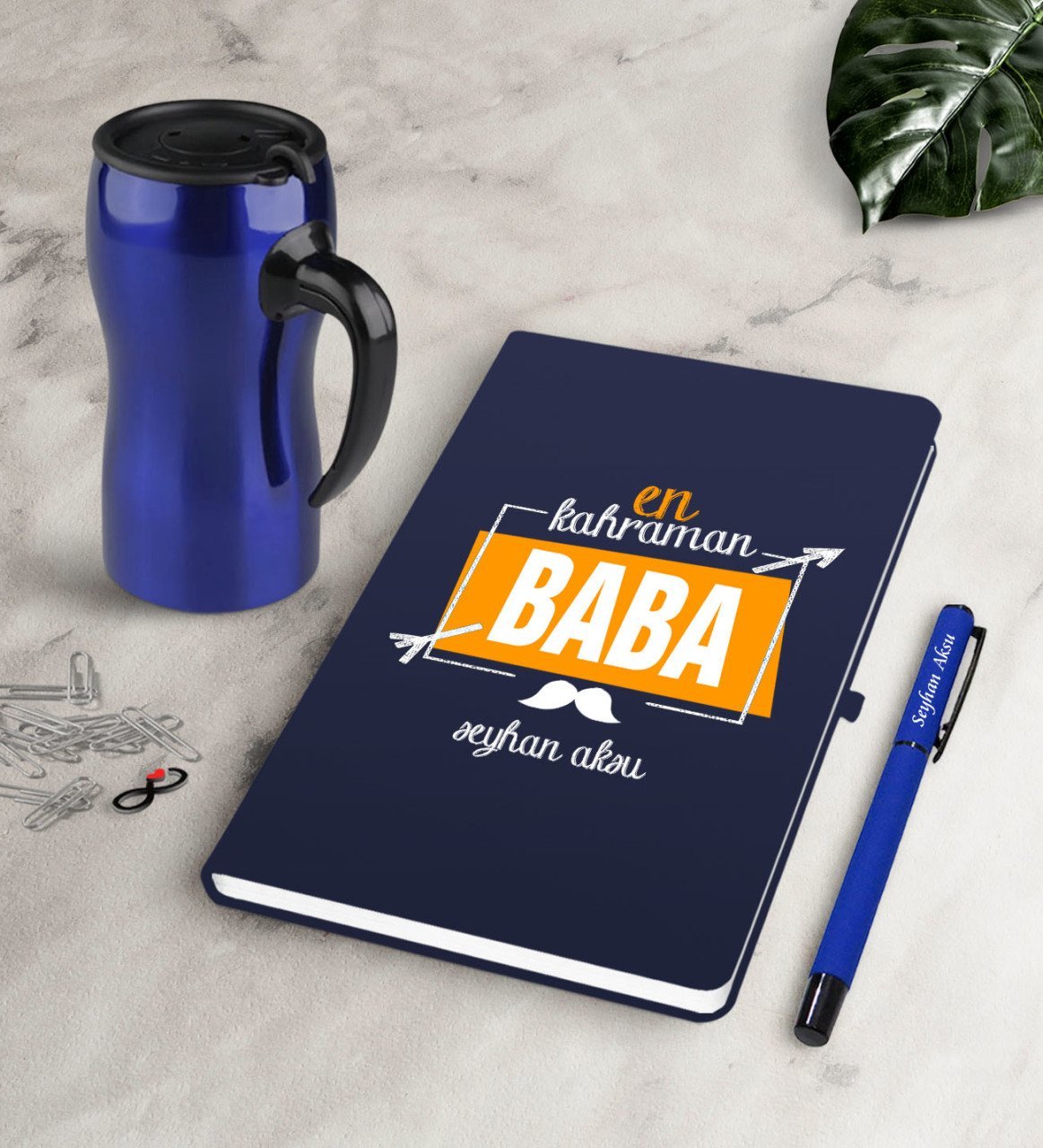 Kişiye Özel En Kahraman Baba Lacivert Defter Kalem Termos Mug Seti
