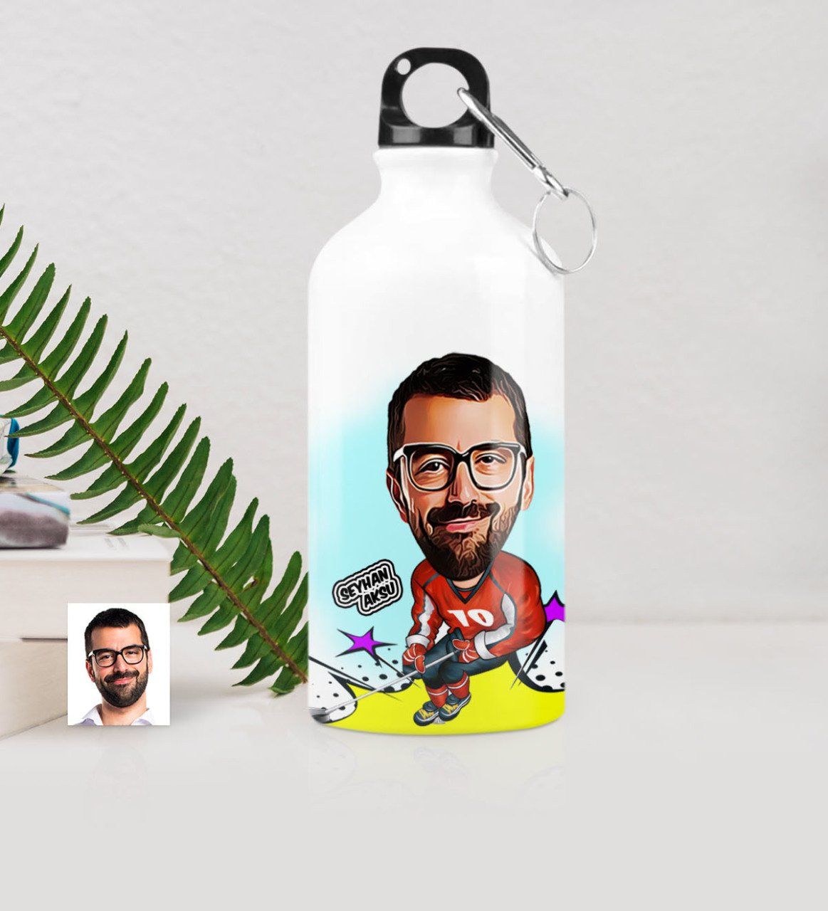 Kişiye Özel Bay Hokey Oyuncusu Karikatürlü Metal Suluk (500 ml.)
