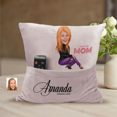 BK Gift Kişiye Özel Anne Karikatür Tasarımlı Organizer Kumanda ve Atıştırmalık Cepli Pembe Kırlent Yastık-6 Arkadaşa Hediye, Cepli Yastık