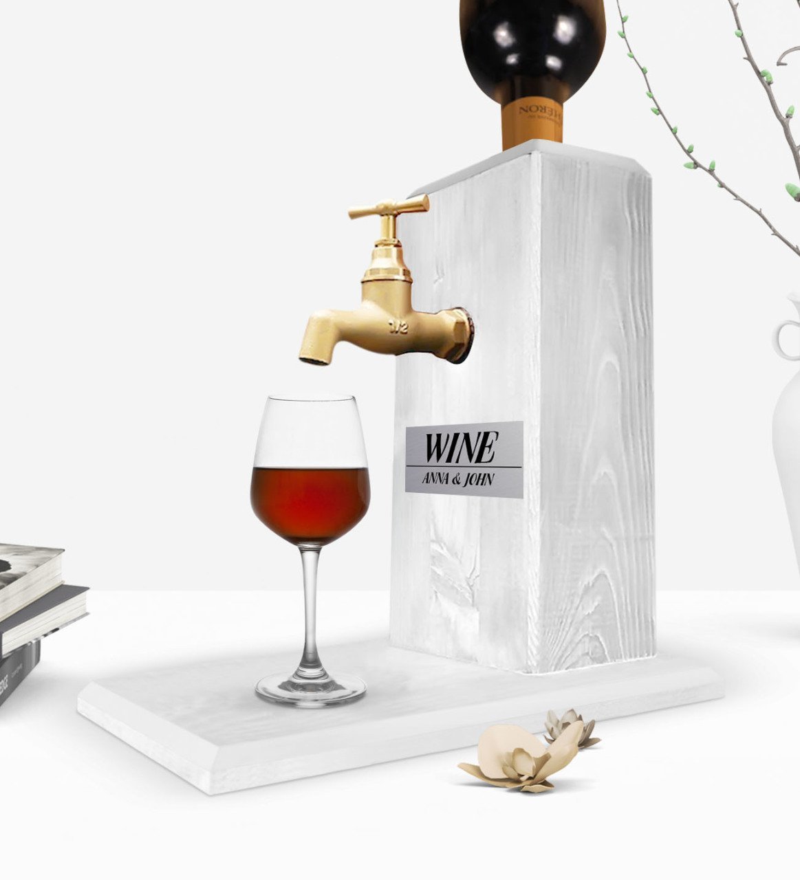 Custom Wooden Natural Wine Stand with Tap - Vintage White
