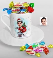 Kişiye Özel Erkek Yeni Yıl Karikatürlü Türk Kahvesi Fincanı ve Haribo Şeker Hediye Seti-2