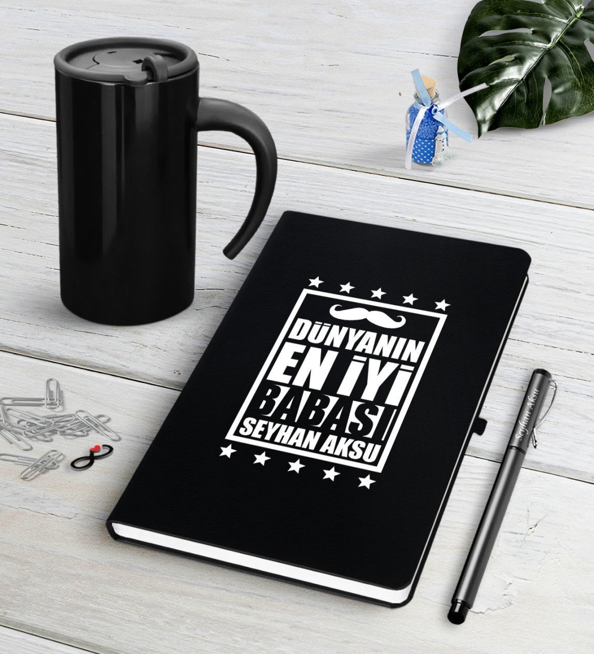Kişiye Özel Dünyanın En İyi Babası Siyah Defter Kalem Termos Mug Seti-5