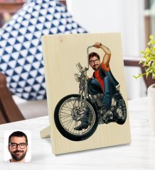 Kişiye Özel Erkek Motorcu Karikatürlü Dekoratif Ahşap Çerçeve Model 5