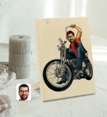 Kişiye Özel Erkek Motorcu Karikatürlü Dekoratif Ahşap Çerçeve Model 5